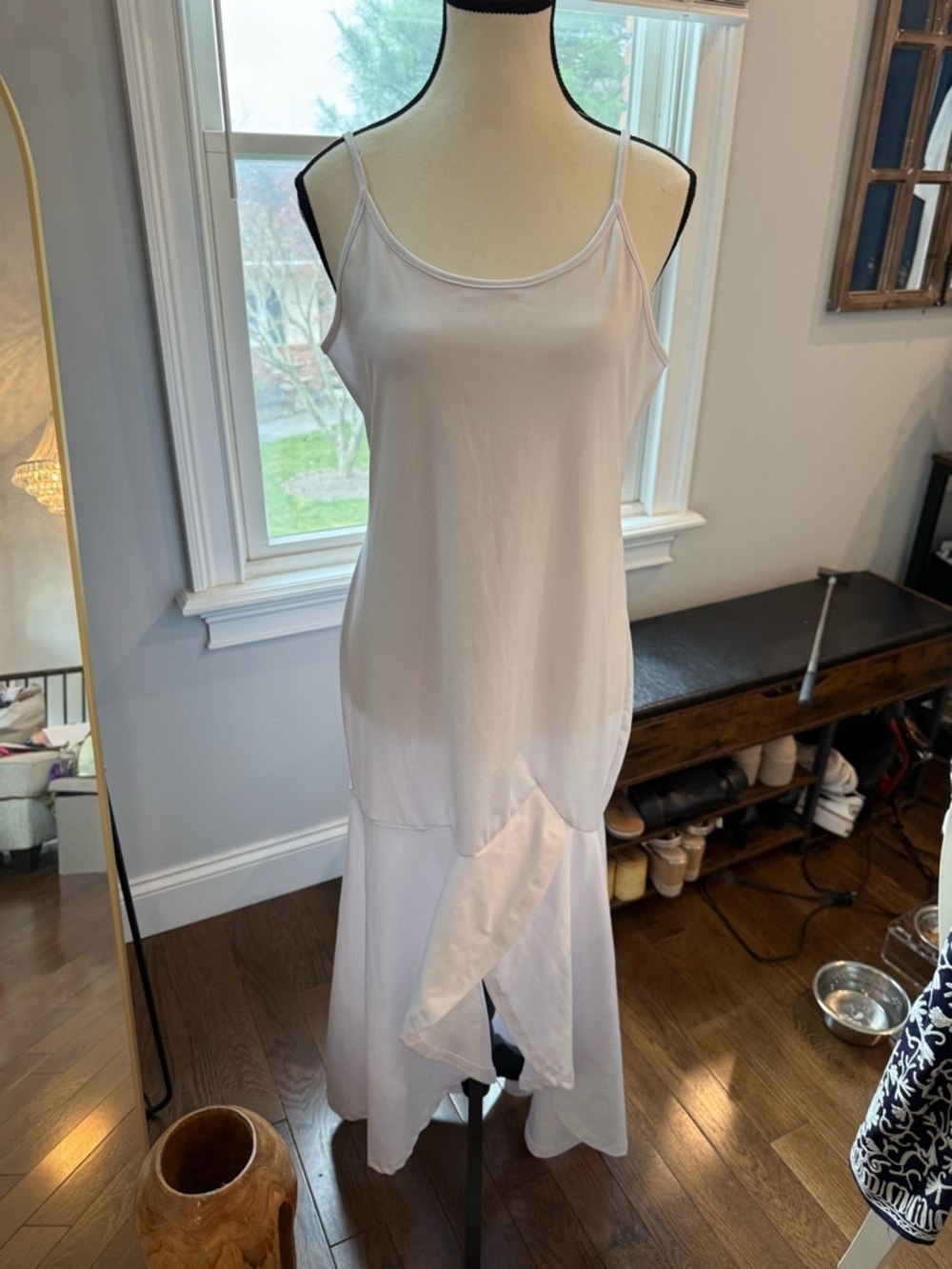 White Women's Sleeveless  Dress with Ruffle Detail stretchy